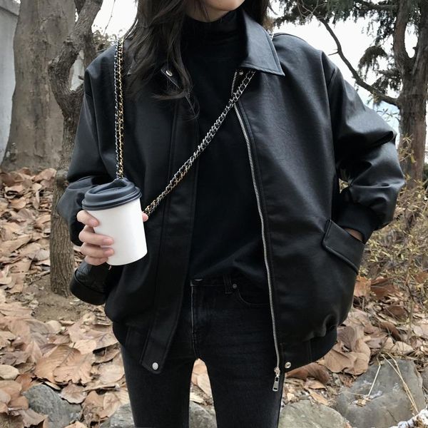 

women's jackets spring coat women faux leather jacket biker red white turndown collar pu motorcycle loose streetwear outerwear, Black;brown
