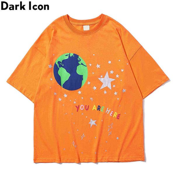 Estrela Earth Impresso T-shirt Hip-Hop T-shirt de Algodão Verão Camisetas Roupas Roupa Branco Laranja Preto 210603