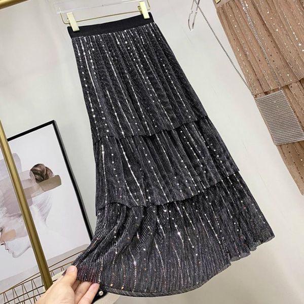 

skirts sequins cakee long summer layered tiered sequined metallic maxi for women pink black
