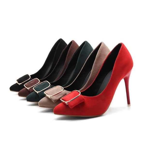 

big size 32-46 2021 spring & autumn fashion solid women metal decoration pointed toe thin heels pumps 5 colors dress shoes, Black