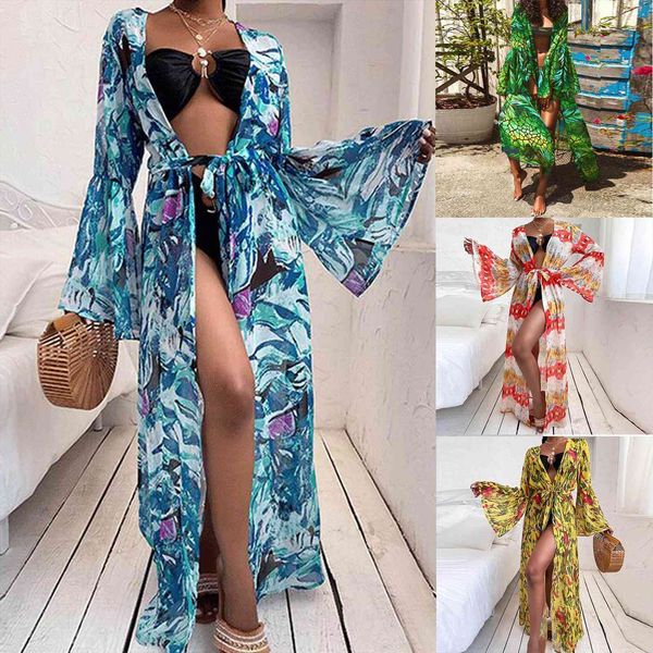 

summer loose print lantern women dresses sleeves big swing lace up cardigan vestido de mujer, Black;gray