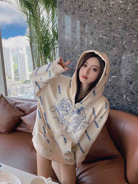 

brand hoodie chaopai series 21 early autumn new over printed angel cardigan sweater jacket gentle and lovely style, Black