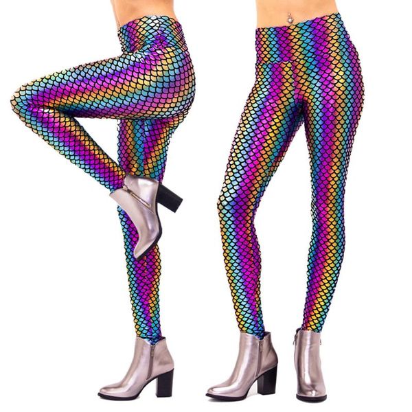 

womens rainbow pants fish scales printed leggins women's & capris, Black;white