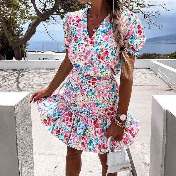 

casual dresses summer puff sleeve floral print women v neck ruffles sashes sundress a line beach party vestidos short boho 2021 yw, Black;gray