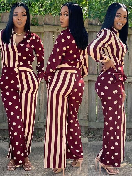

women's two piece pants olivekwok autumn woman fashion sets long sleeve tracksuit notched printing dot single breasted two-piece suits, White