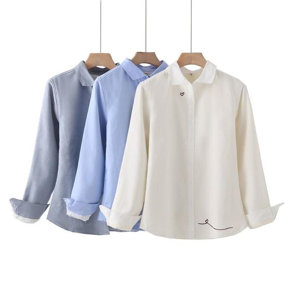 

women's blouses & shirts winter warm plus velvet for women long-sleeved thick female coat japan style heart embroidered cotton, White