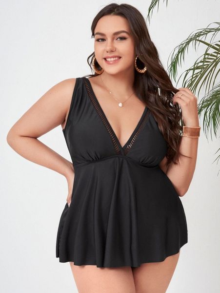 

plus pointelle trim swim dress with panty b6tu#, Black