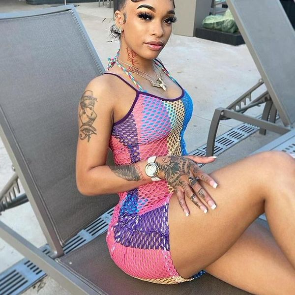

women's swimwear hirigin cover-ups colorful striped print fishnet mesh mini bodycon dress see through summer beach for women 2021, White;black
