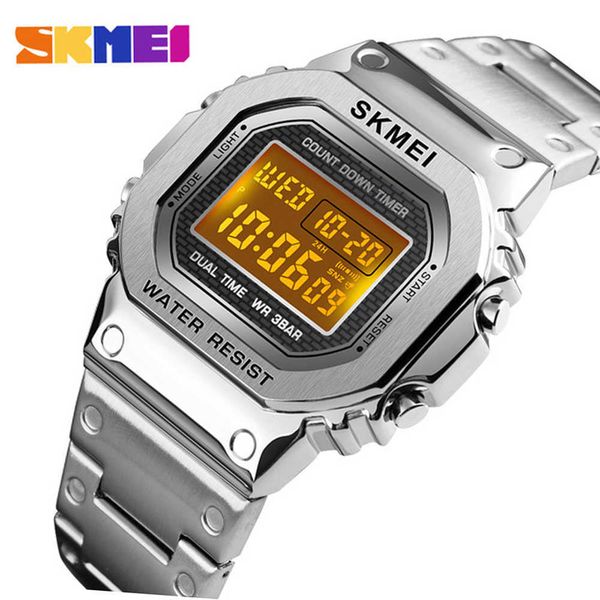 

relogio skmei 1456 men digital watch stainless steel chronograph countdown wristwatch shock led sprot montre homm 210728, Slivery;brown