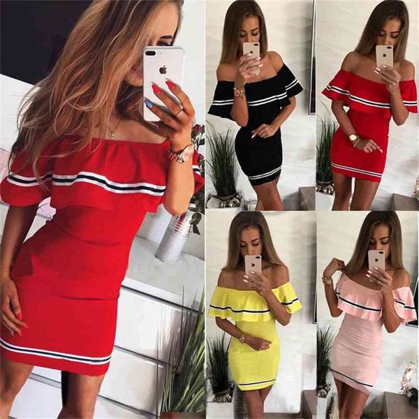 Estate Slash Neck Ruffles Mini Dress Donna Sexy Off spalla aderente Slim elegante a righe Party Beach Abiti Femme Robe 210517