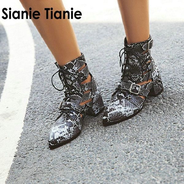 

boots sianie tianie autumn summer snakeskin print buckle strap cross-tied gothic punk hallow cut out women ankle, Black