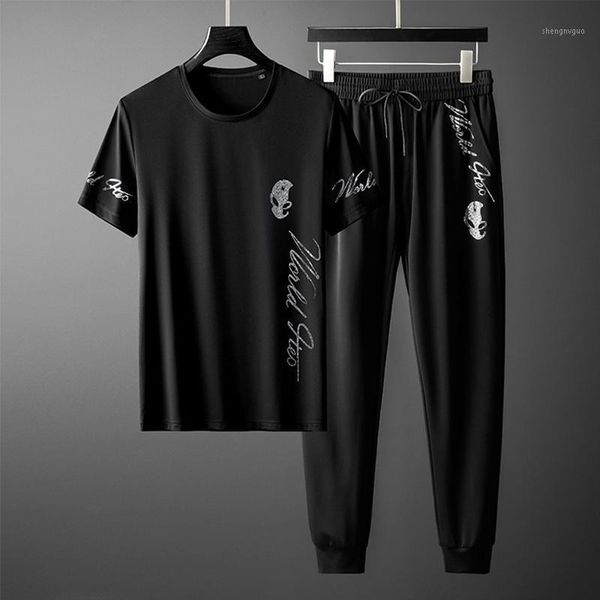 

spring/summer short-sleeved suit male brand handsome fashion letter drilling casual sports ice silk trousers 2piece set men's tracksuit, Gray