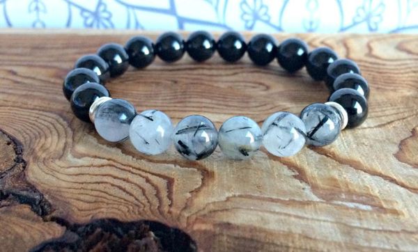 

charm bracelets black tourmaline & rutilated quartz healing bracelet, wrist mala beads, crystals gift, protection + emotional balance anxiet, Golden;silver