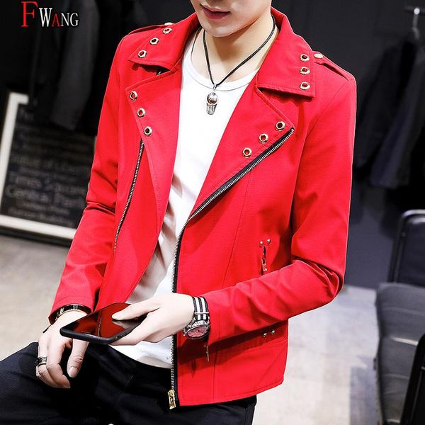 

men's personalized slim fit collar jacket youth spring rivet oblique zipper jackets, Black;brown