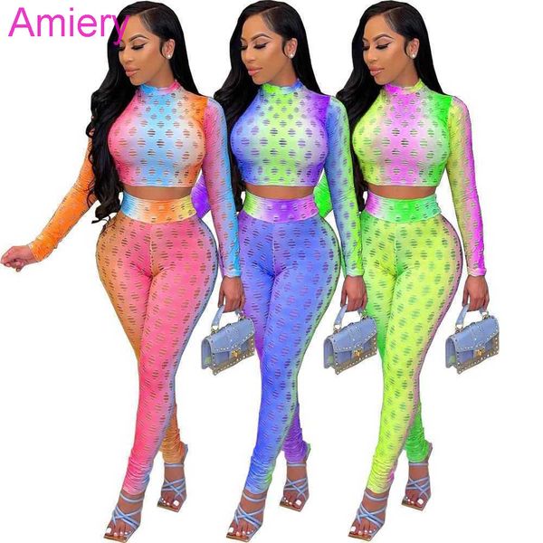 

womens long pants suit gradient color hollow out full sleeve crop and pencil leggings streetwear see through two piece set a01, White