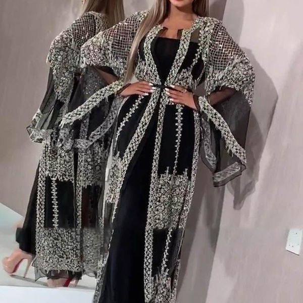 Dubai abaya muçulmano vestido de alta classe lantejoulas bordado rendas ramadan kaftan islam quimono feminino preto maxi vestidos es