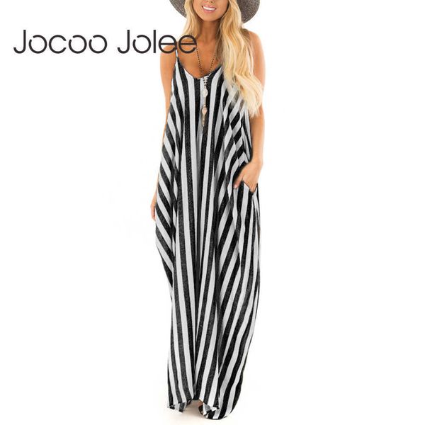 

jocoo jolee casual sleeveless strap loose maxi dress v neck striped long dress plus size beach sundress dress summer 210619, Black;gray