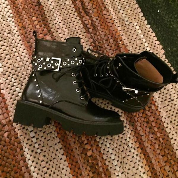 

boots leather women's short metal buckle fashion winter black platform sneakers