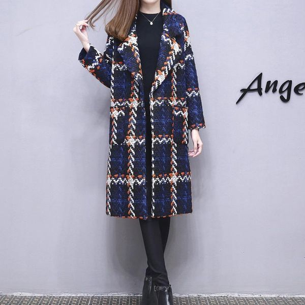 

women's wool & blends autumn winter jacket female fashion mid-length woolan overcoat women loose plaid thick woolen windbreakers coat l, Black