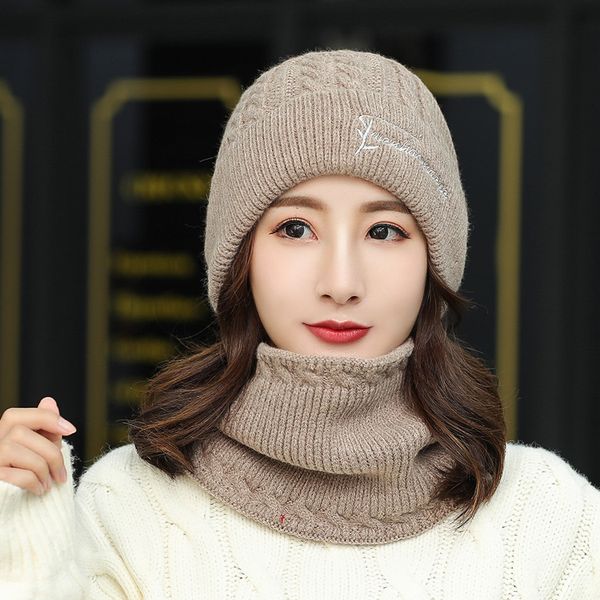 

simple letters hat womens suit knitted hat scarf two-piece set light fashion embroidery autumn and winter new sleeve cap, Blue;gray