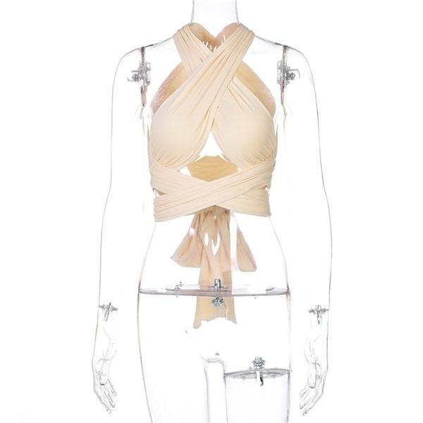 

crop tank hollow out lace up solid color ruched backless halter women summer party wear casual chic bustier s, White