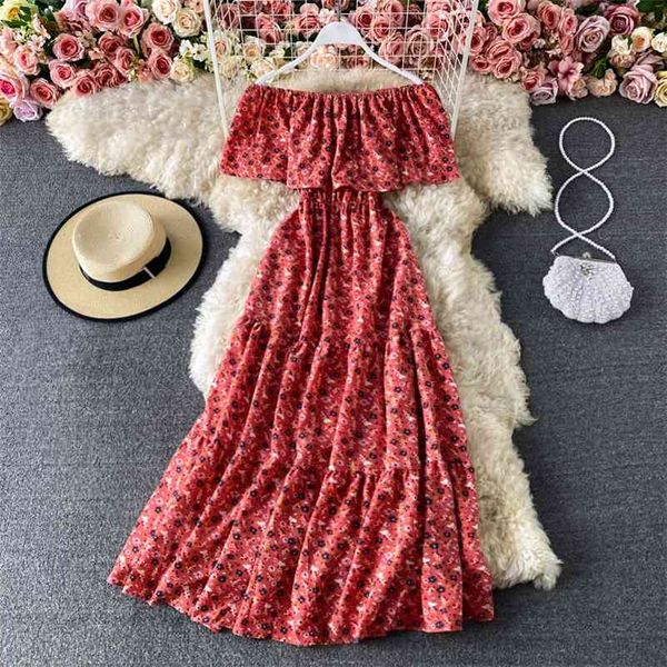 Mulheres Verão Sundresses Um ombro Chiffon Beach Dress Coreano Roupa Sexy Strapless Ruffless Midi Femme Robe 210514