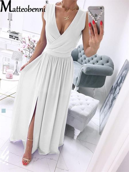 

casual dresses fashion women summer deep v-neck sleeveless beach dress chiffon split maxi party vintage solid color long vestido, Black;gray