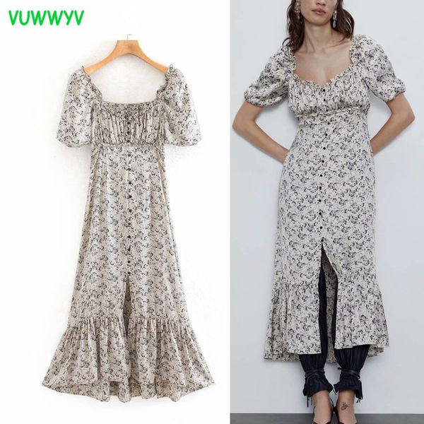 

vuwwyv dress white floral print ruffle party women vintage pleated midi vestidos ladies short sleeve front buttons 210430, Black;gray