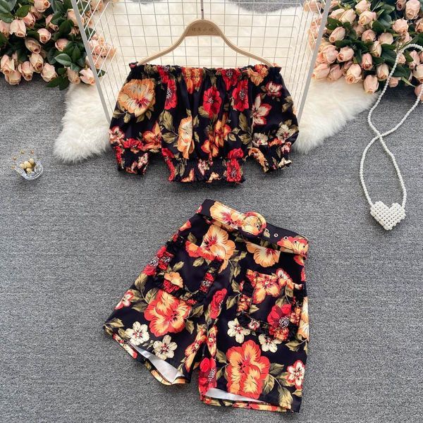 

women's tracksuits summer holiday style printed suit one-line neck short versatile high-waist wide-leg shorts two-piece dk729, Gray