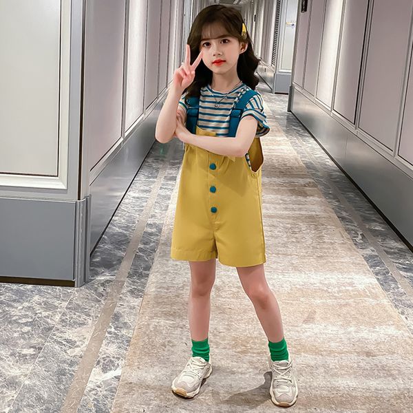 

clothes for girls striped tshirt + jumpsuit clothing for girls patchwork clothes for teenage girls summer childrens tracksuits, White