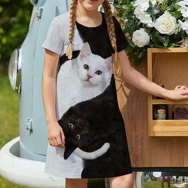 

white cat girls dress short-sleeved printed dress children is casual dress a-line skirt length over the knee simple, elegant and colorful 5-, Red;yellow
