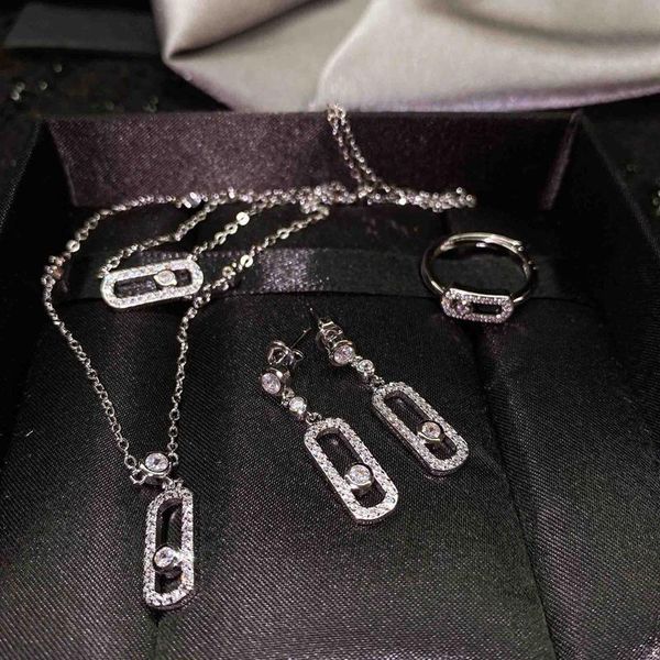 

earrings & necklace 2021 pin shape jewelry set fashion geometric inlay shiny zircon piercing eternity wedding ring for women, Silver