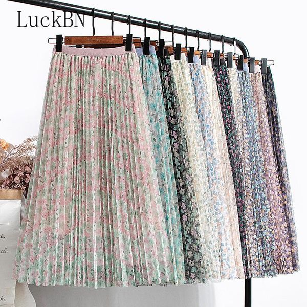 

skirts floral net yarn skirt female spring and summer style high waist slim pleated mid-length long a-line, Black