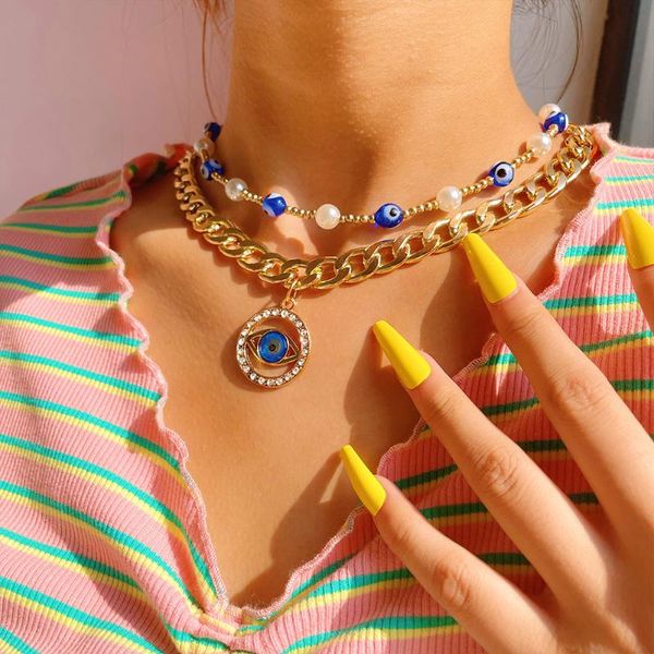 

chains vintage turkish crystal evil eyes pendant necklace for womens multilayer gold color eye pearl beaded choker necklaces jewelry, Silver