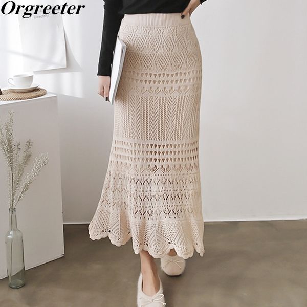 

korean graceful women's knitting long skirts high waist hollow out elastic wave pattern hem bodycon skirt black khaki 210525