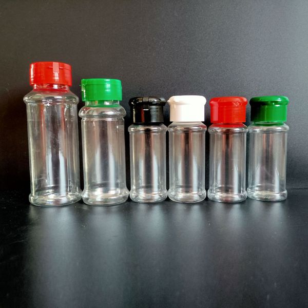 100 ml Kunststoff-Gewürzgläser, Flaschen, 150–200 ml leere Gewürzbehälter mit roter Kappe für Gewürze, Salz, Pfeffer, Pulver