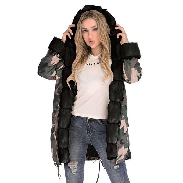 

camouflage print women winter jacket long sleeve open stitch hooded overcoat plus size adjustable waist thick military coat women's tre, Tan;black