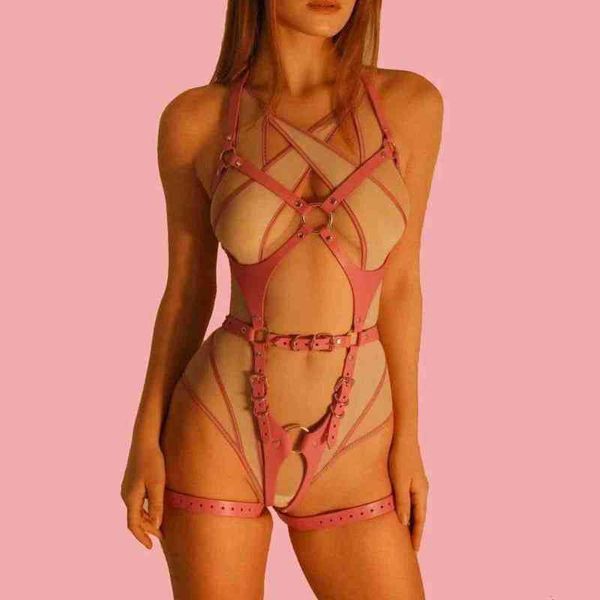 NXY Bondage Sex Brinquedos para casais Cabelo cor-de-rosa Mulheres BDSM Set Y Lingerie Caixa de corpo inteiro Jarretel Bandjes Punk Couro Harnas Garter Calcinha Brinquedo 1211