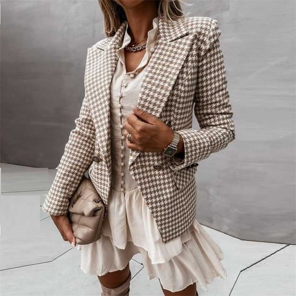 

women fashion houndstooth casual blazers winter notched buttons pockets straight midi plus size plaid suit jacket 211006, White;black