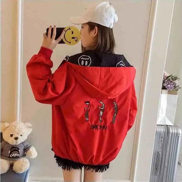 

women's jackets cartoon embroidery hooded jacket reversible two size wear casual women spring fall outerwear full sleeve teens red clot, Black;brown