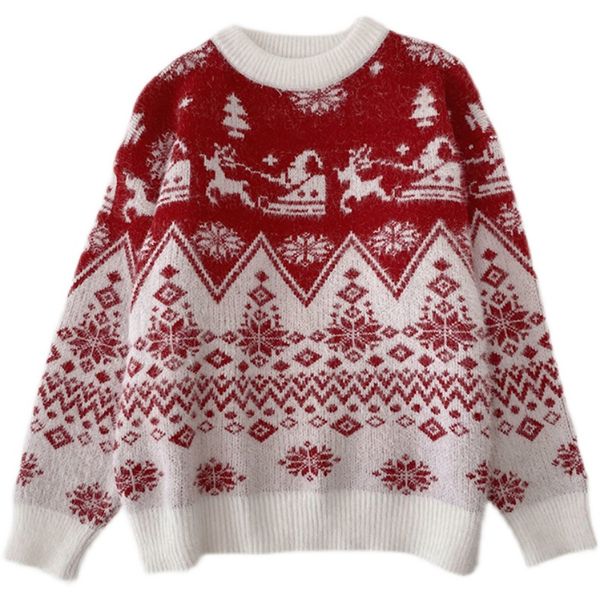 

winter new style korean personality christmas hit color round neck pullover long sleeve sweater women, White;black