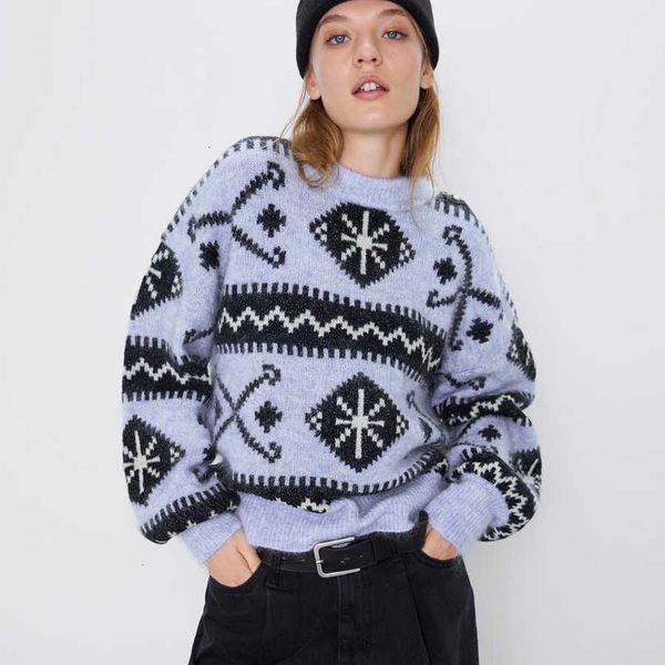 

women's sweaters blue ethnic pattern oversize pullover sweater autumn winter warm knit long sleeve women yzm4, White;black