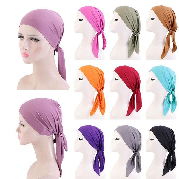 

beanie/skull caps female muslim women ribbon chemotherapy solid color confinement cap elastic turban hat breathable hats baotou, Blue;gray