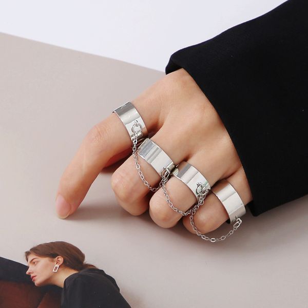 

53598 personality bungee chain combination ring punk fan mouth men's and women's conjoined ring index finger ring, Silver