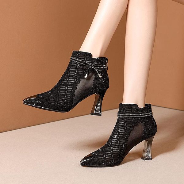 

boots women hollow crystal clear high heels pumps poined toe comfortable back zipper sandals ankle, Black