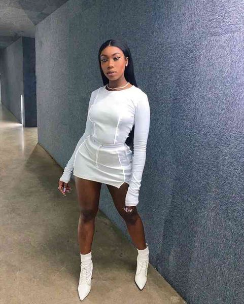 

two piece set bodycon autumn long sleeve crop patchwork mini bodycon skirts party outfits clubwear fluorescence, Gray