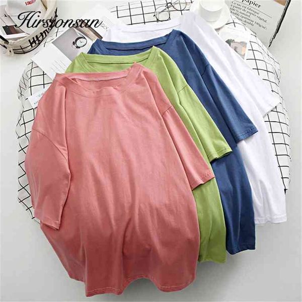 

hirsionsan basic cotton t shirt women summer new oversized solid tees 7 color casual loose tshirt korean o neck female, White