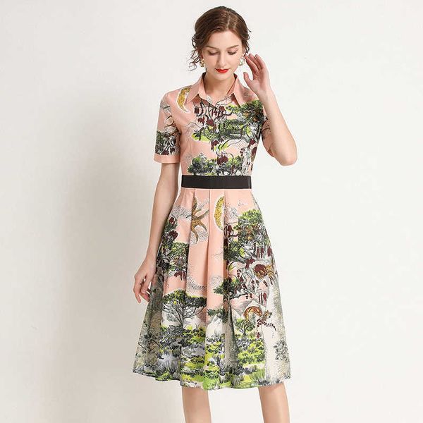 

summer runway designer short sleeve shirt dress tropical jungle print waist elegant midi party 210529, Black;gray