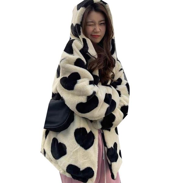 

women's jackets women autumn winter loose love heart lamb plush jacket zipper long outerwear drawstring cotton thick warm hooded coat f, Black;brown