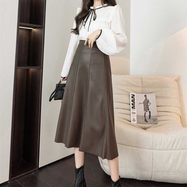 

autumn winter women's skirts pu leather half-length skirthigh-waist mid-length a-line skirt elegant splicing women clothing 211119, Black